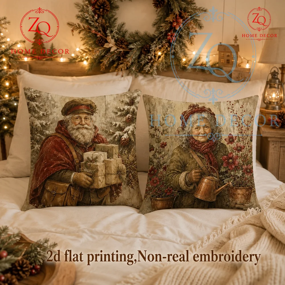 Vintage Christmas Santa Claus Throw Pillow Cover Rustic Farmhouse Holiday Cushion Case  Christmas Winter Home Decor