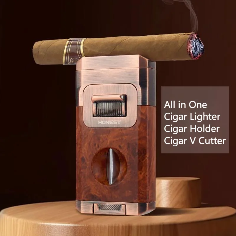 2024 Unique Cigar Lighter With V Cutter Cigar Holder Double Jet Flame Butane Refillable Torch Lighter Luxury Cigar Accessories