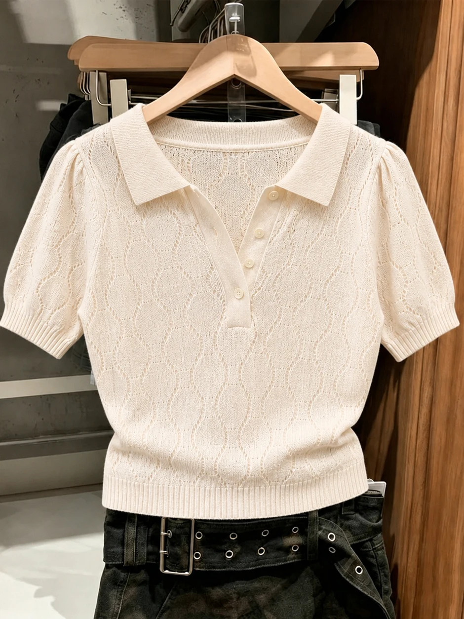 

Korean Style Commute Neck Short Sleeve Knitted Hollow out Casual Style Summer Top High End Feeling Silk Women's Shirt
