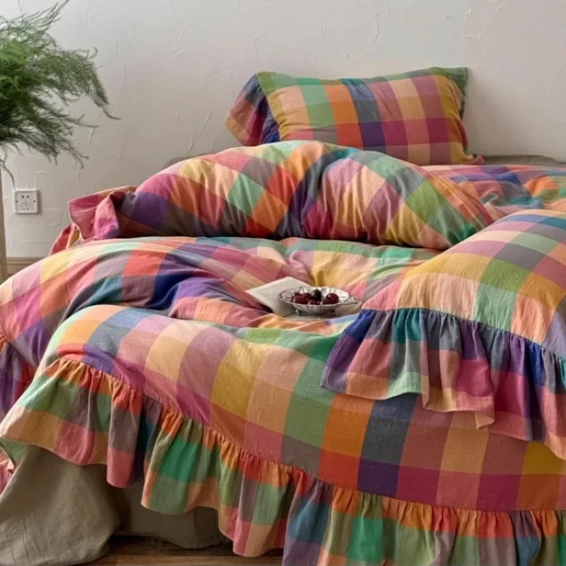 Colorful Hourglass French Dopamine Rainbow Plaid Cotton Double Yarn Four-piece Cotton Retro Quilt Cover Bedding