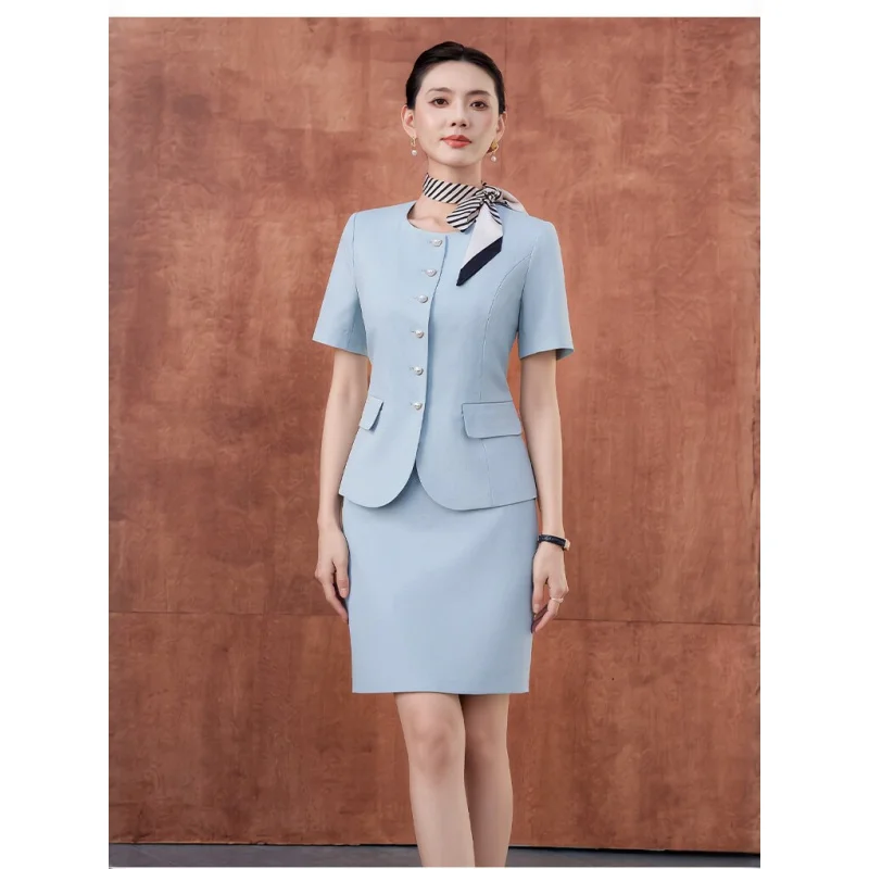 Navy blue professional suit for women, short-sleeved blazer, summer lightweight style, elegant goddess look, suitable for flight