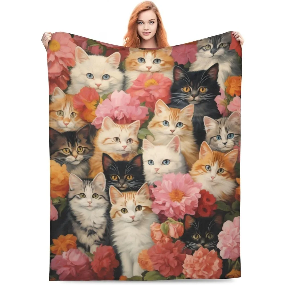

Floral Kitten Cat Design Blanket Soft Flannel Throw for Women Girls Home Couch Bed Sofa Christmas Gift