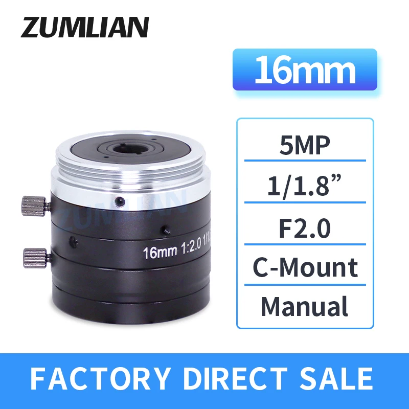 

ZUMLIAN CCTV Lens 5MP C-Mount 16mm Machine Vision Lens 1/1.8 Inch Aperture F2.0 Manual Focus Iris Industrial Cameras FA Compact