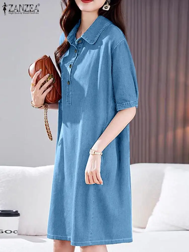 ZANZEA-Robe Chemise en Denim Bleu pour Femme, Mini Robe Vintage à la Mode, Manches Courtes, Poches, Robe Décontractée, Col à Revers, Été 2024