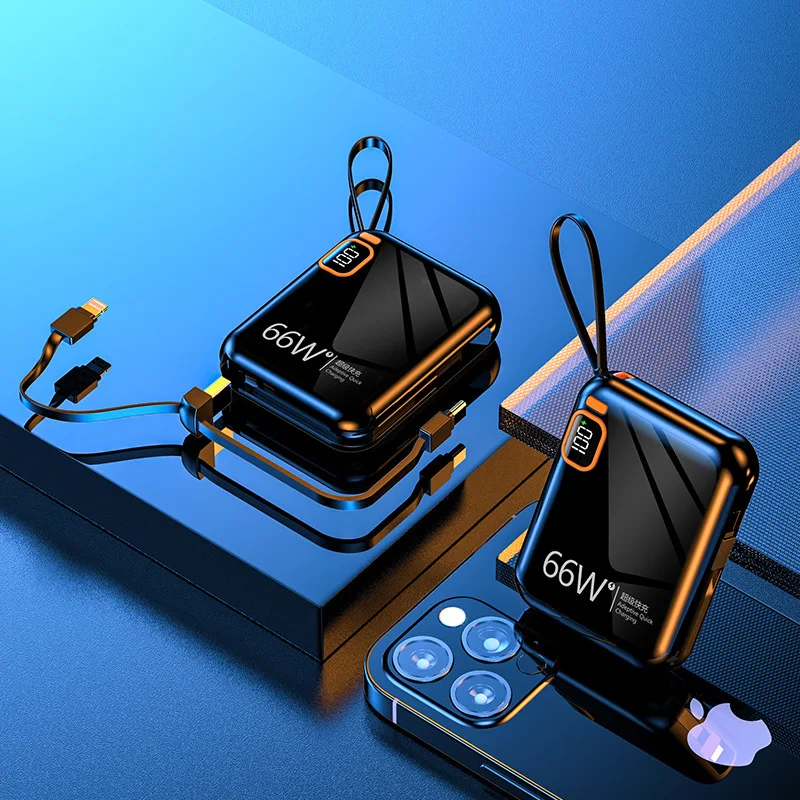 باور بانك سريع الشحن بقدرة 66 وات، 10000 مللي أمبير في الساعة، سعة كبيرة، باور بانك صغير PD20W ثنائي الاتجاه للشحن السريع مع كابل مدمج