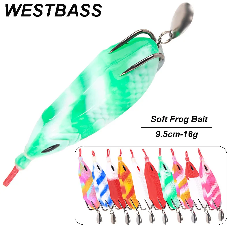 WESTBASS 1PX Soft Frog Lure 9.5cm-16g Topwater Silicone Fishing Bait Rubber Ray Frog leurre With Sequin Weedless Swimbait cebo