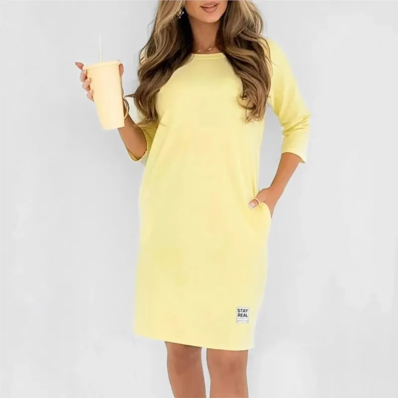 2025 ฤดูร้อนสีทึบเสื้อยืดชุดรอบคอPullover Quarter Sleeveตรงหลวมชุดลําลองชุดสําหรับสตรี