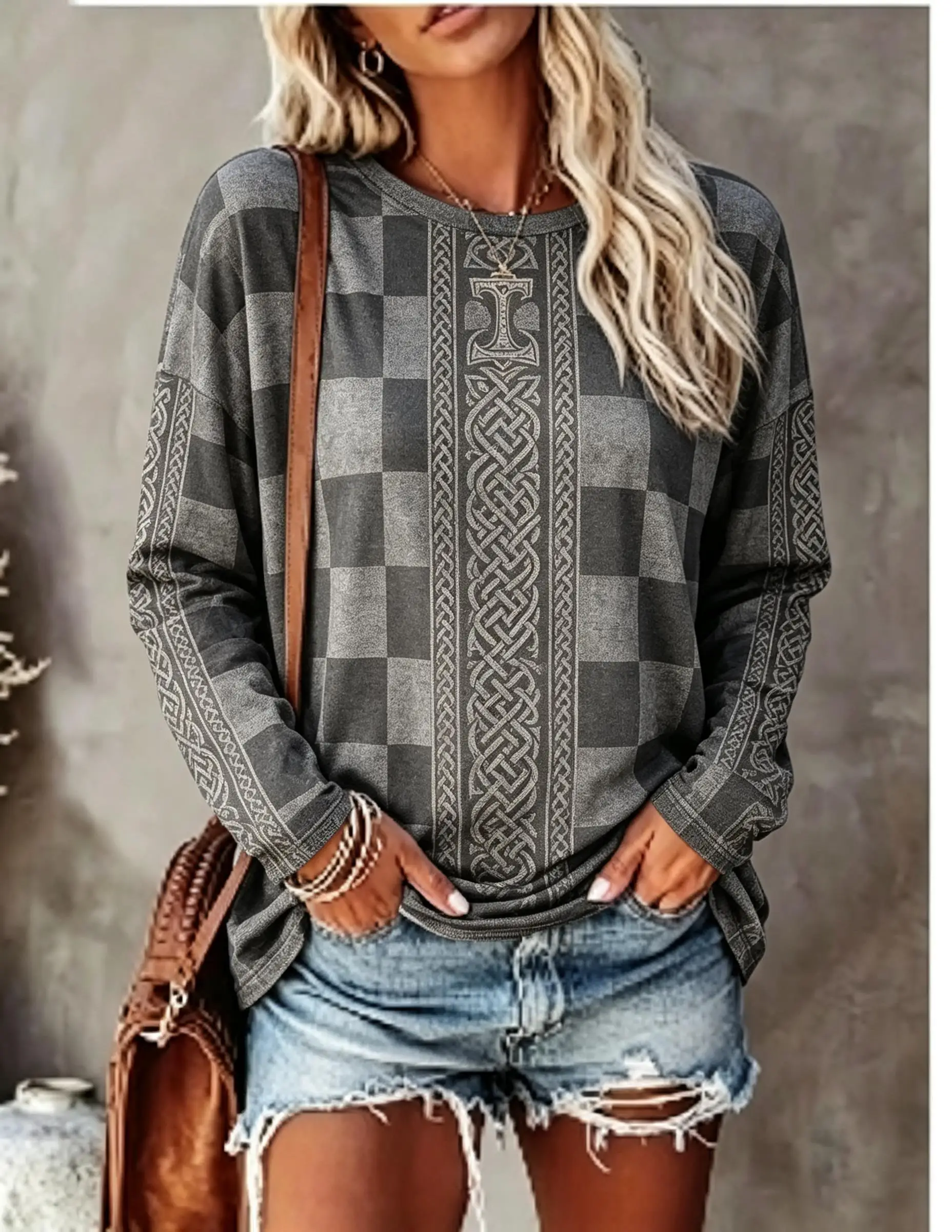 Women Long Sleeve T Shirt Celtic Knot Checkerboard Mjolnir Print Crew Neck Casual Fall Tops