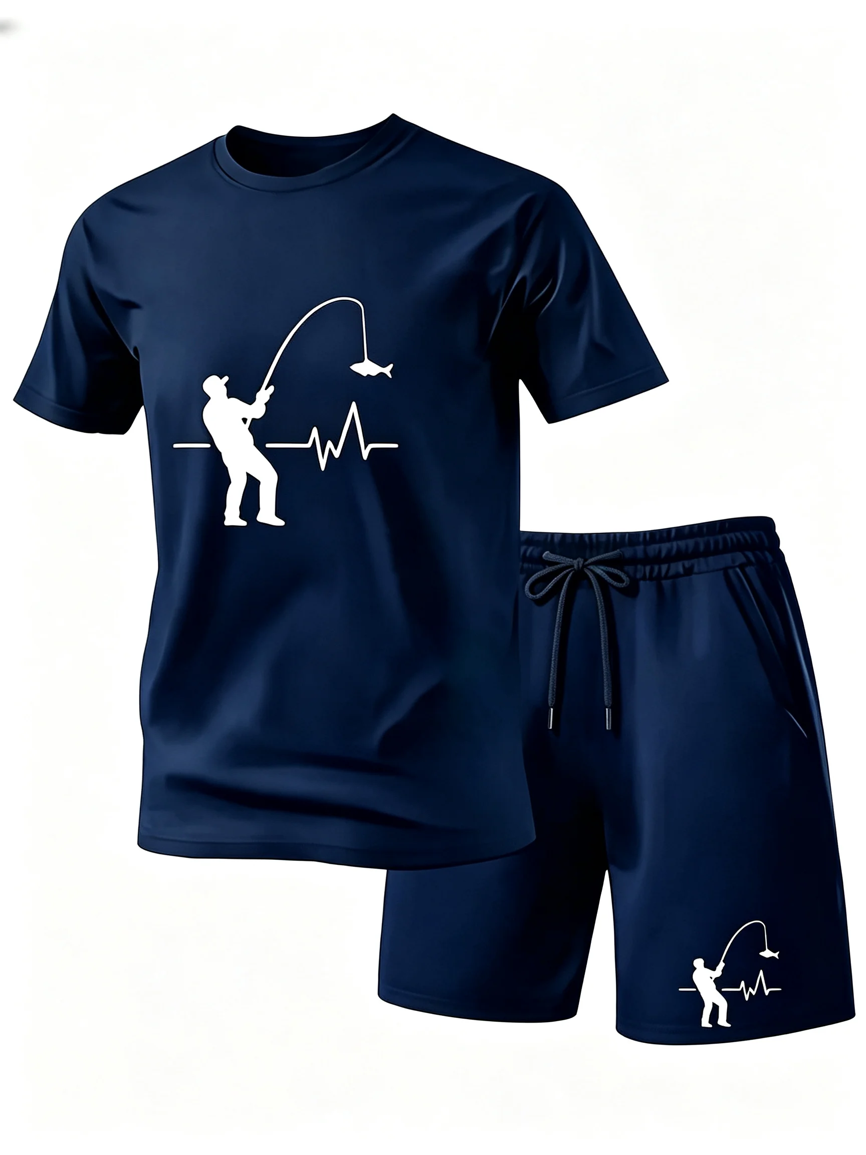 Men 2 Piece Mesh Short Set, Crew Neck T Shirt + Shorts, Fishing Print, Quick Dry Breathable Summer Gym Running Casual Sportswear