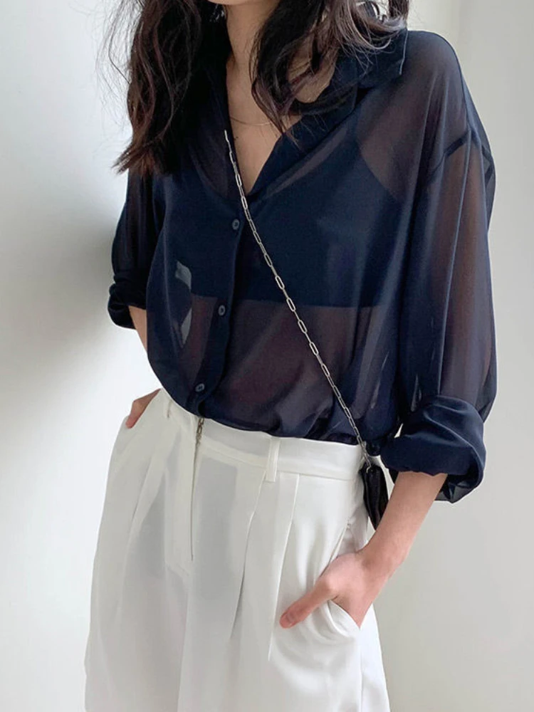 Chic Summer Thin Shirts Women Fashion Solid Simple Loose Leisure Young Breathable Soft Cool Tops Ladies All-match Sun-proof BF