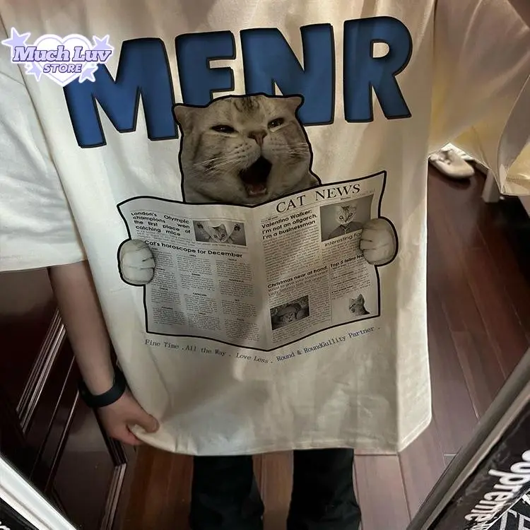 

Cat Newspaper Printed T-shirt for Men and Women 100% Cotton T-shirt Summer Fashion Casual Comfy Short Sleeve Top Y2k Vintage