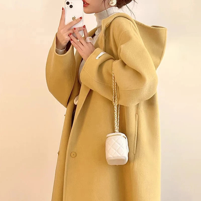 Fancy Single-Sided Woolen Coat Female 2024 New Arrival Korean Drama Female Owner Wear Goose Yellow Hooded Woolen Coat Winter