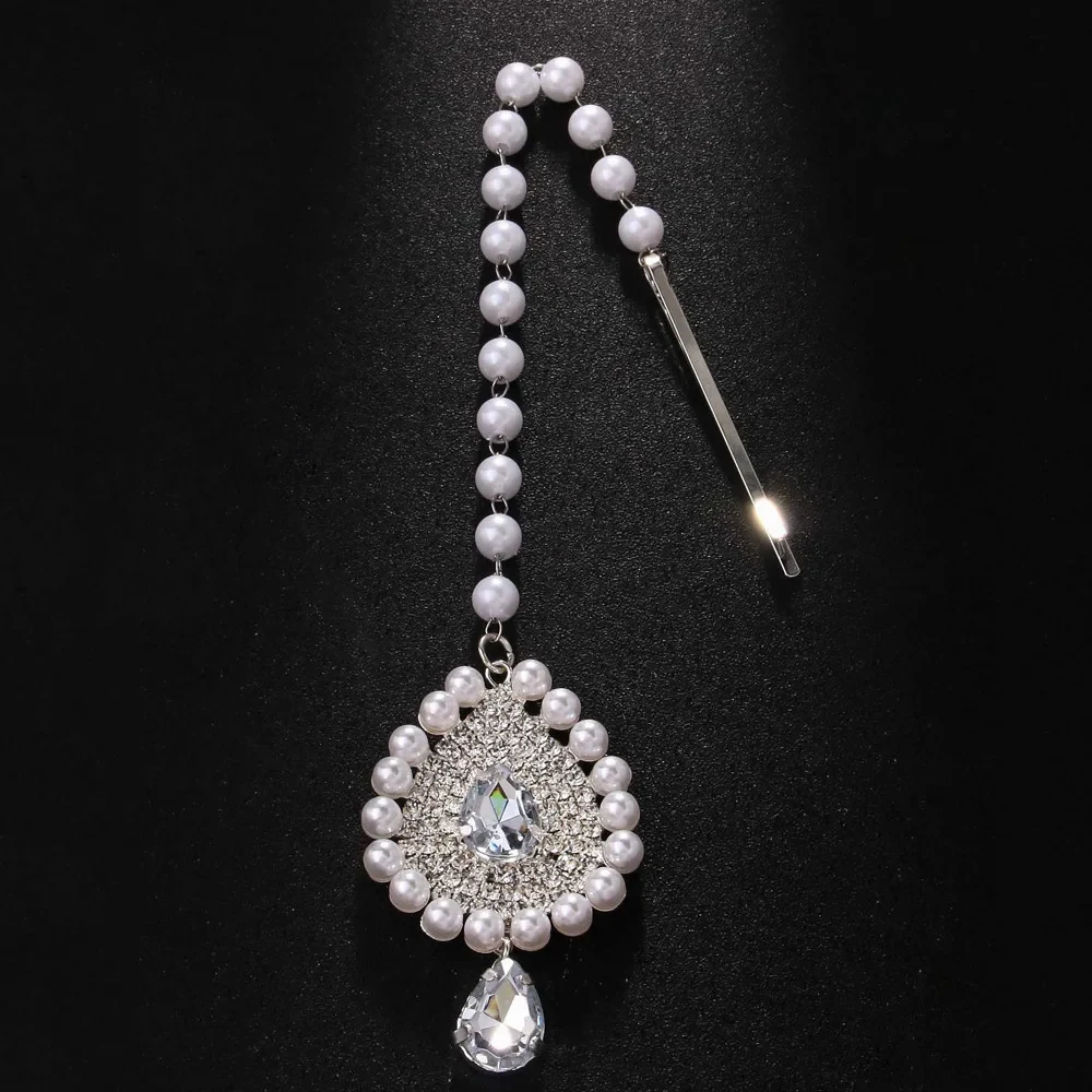 Imitation Pearl Forehead Chain Tikka Indian Head Accessories Ethnic Maang Rhinestone Bridal Headdress Chain Jewelry Festival