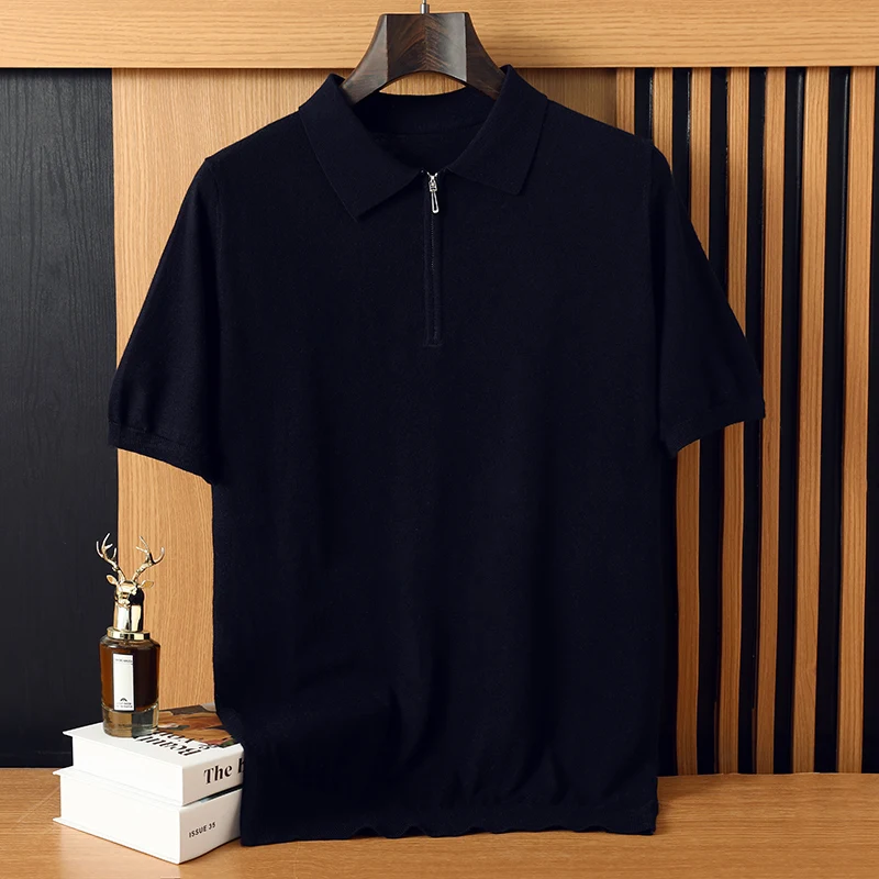 Men's Summer Pullover Short Sleeved T-Shirt Solid Color Half Zipper POLO Sweater Spun Wool Soft Breathable Loose Thin Casual Top