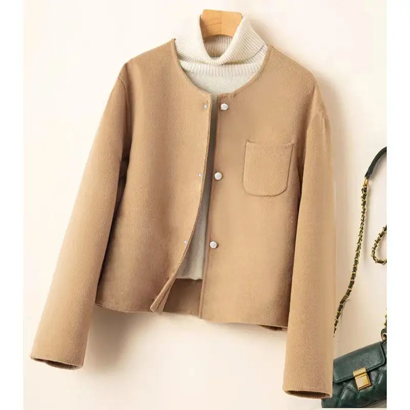 Women Clothing New Autumn Winter Korean Fashion Elegant Luxury Chic Cropped Coat Casual O Neck Solid Long Sleeve Outewear Jacket