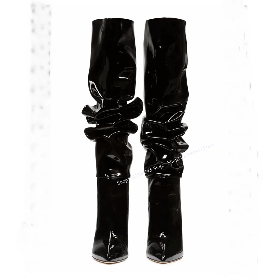 

Black Patent Leather Knee High Boots Pointed Toe Thin High Heel Fashion Cool Sexy Western Winter Woman Shoes Zapatillas Mujer