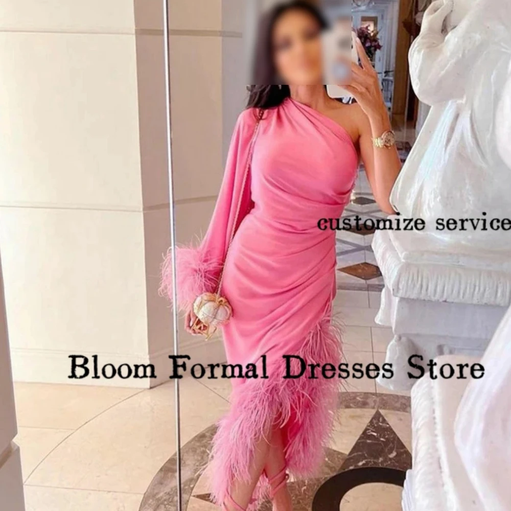 Bloom-vestidos de fiesta de plumas personalizados, manga larga hasta la rodilla, abertura lateral, vestidos de noche de lujo, vestido Formal de fiesta de boda