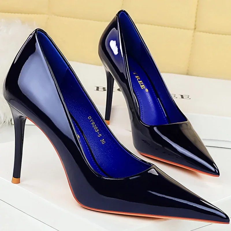 Women 9.5cm High Heels Pumps Wedding Bridal Classic Scarpins Stiletto Heels Lady Nude Royal Blue Glossy Leather Event Prom Shoes