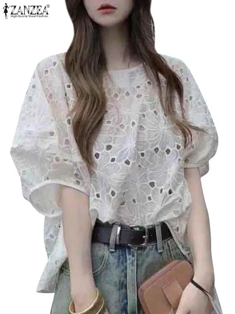 ZANZEA Women Tops Round Neck Short Puff Sleeve Sweet Shirts Floral Patch Crochet Hollow Out Blouse Solid Color Girls Clothing