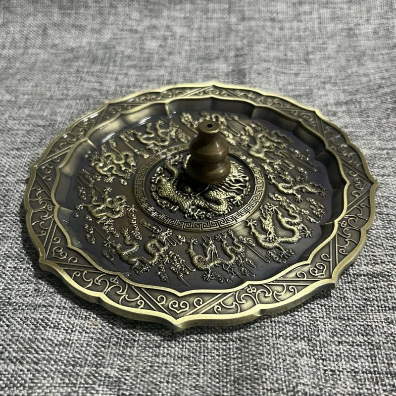 Antique Bronze Collection: Vintage Nine- with Small Gourd Incense Holder, Ancient Dragon Tray Ornament