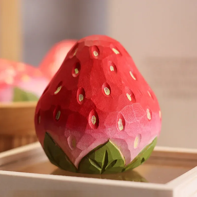 Strawberry Handmade Wood Carving Ornament Household Simple Healing Office Desktop Fruits Ornament Gift for Girlfriend's Birthday