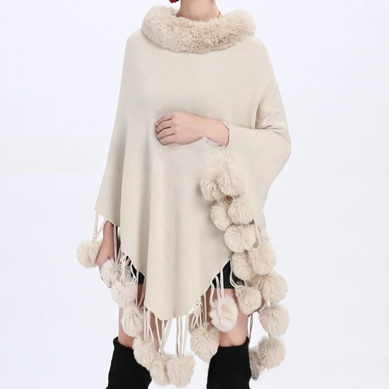 

2025 Autumn and Winter New Round Neck Hairball Pullover Knitted Sweater Cape Shawl Jacket Women