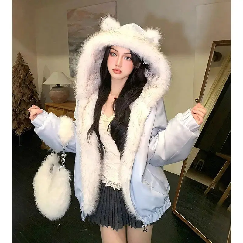 اليابانية Kawaii عكسها مقنعين فو الفراء طوق المرأة سستة معطف آذان القط ثقافة فرعية Harajuku بلون الخريف الشارع الشهير