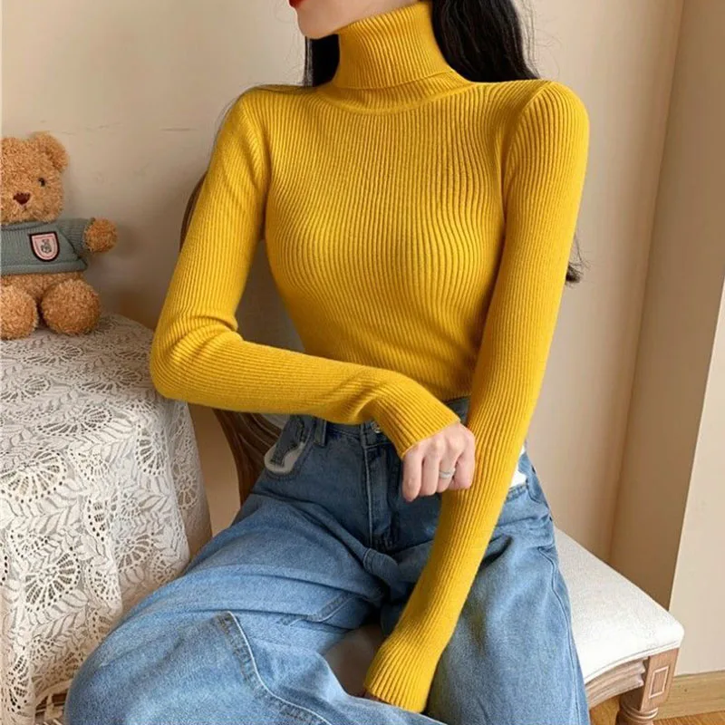 Simple Turtleneck Sweater Women Winter Basic Elastic Slim Knit Jumper Ladies Fall Long Sleeve Female Pullover Top New