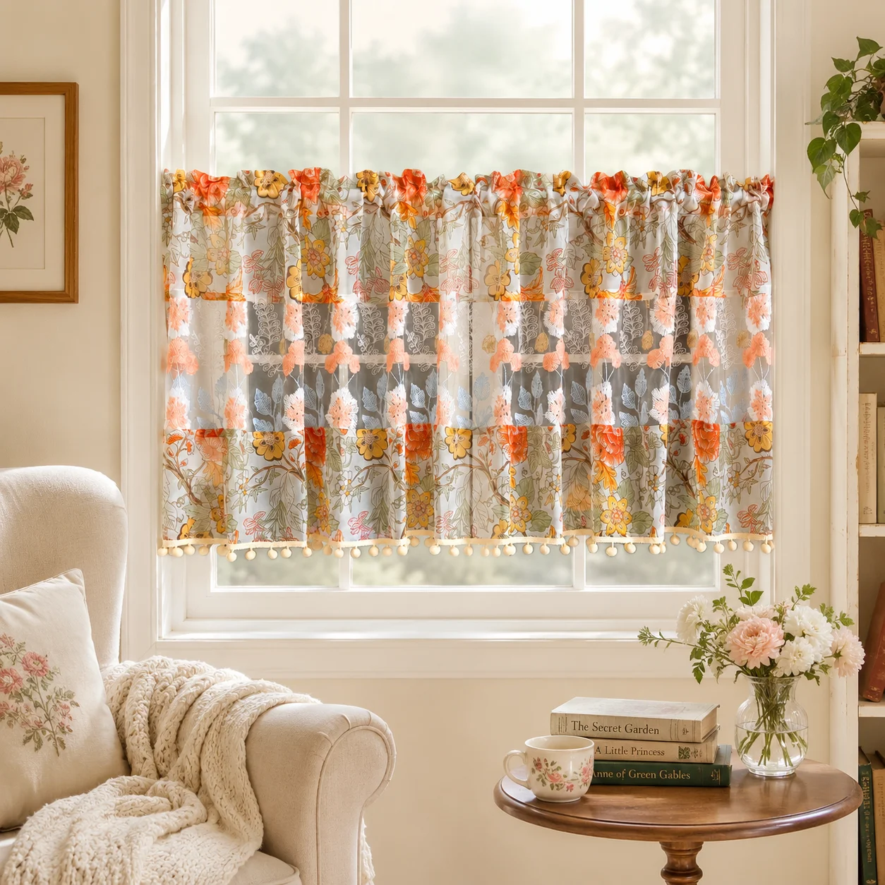 White Orange Floral Sheer Vala - đánh giá và giá Embroidery Kitchen