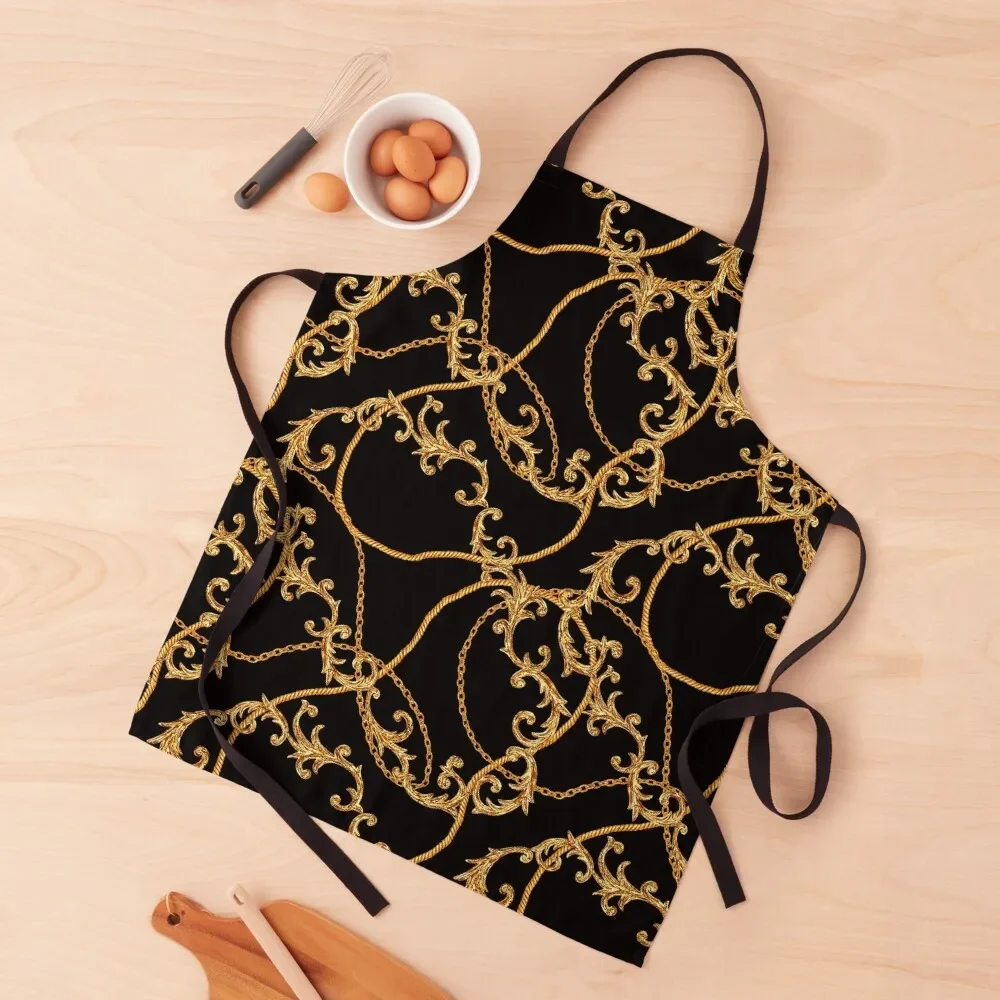 

Black and gold chain ornaments seamless pattern Apron Women Kitchen Chef Uniform Women Apron