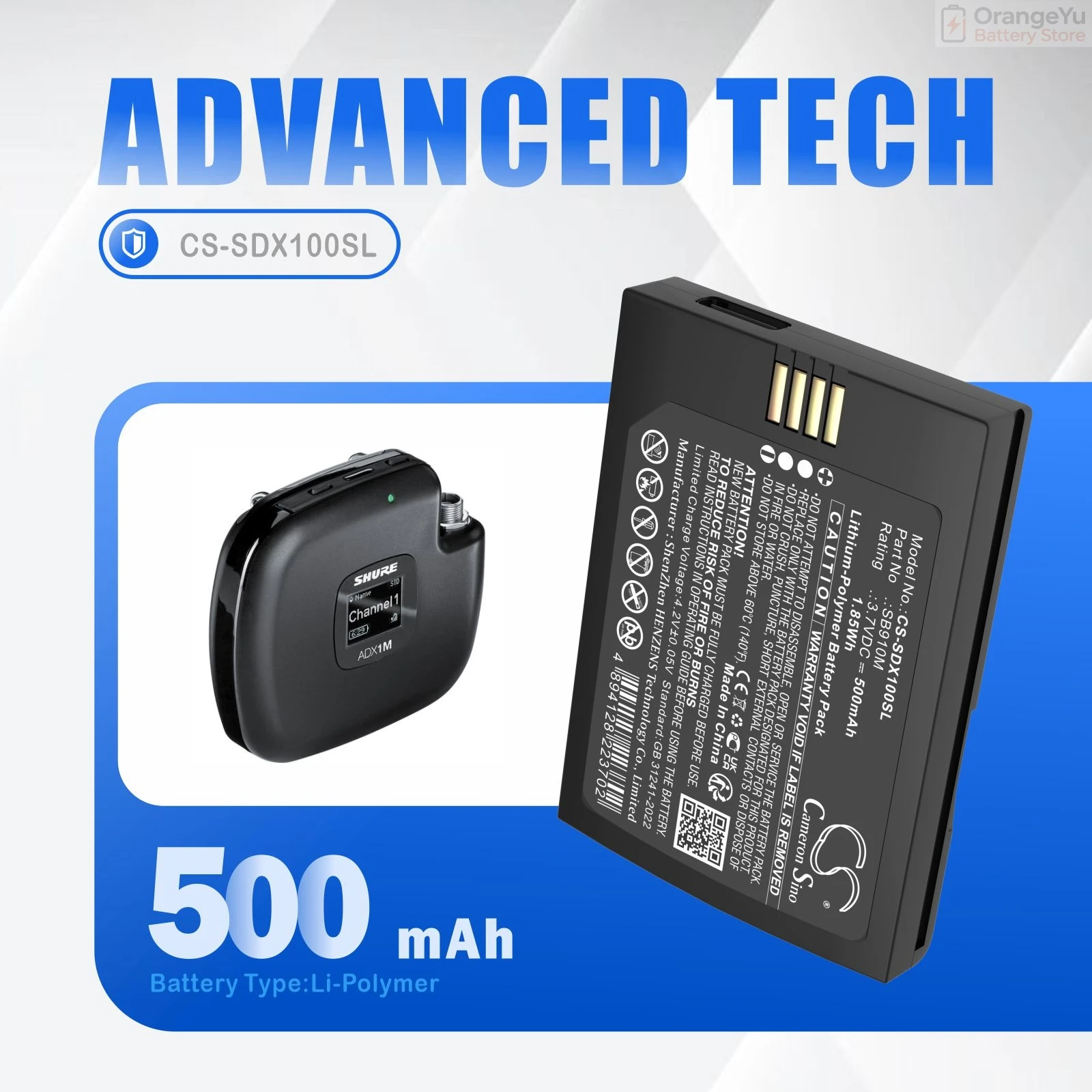 Replacement 3.7V 500mAh Transmitters & Receiver Battery for Shure ADX1M bodypack transmitter DX1M G57 DX1M transmitter SB910M