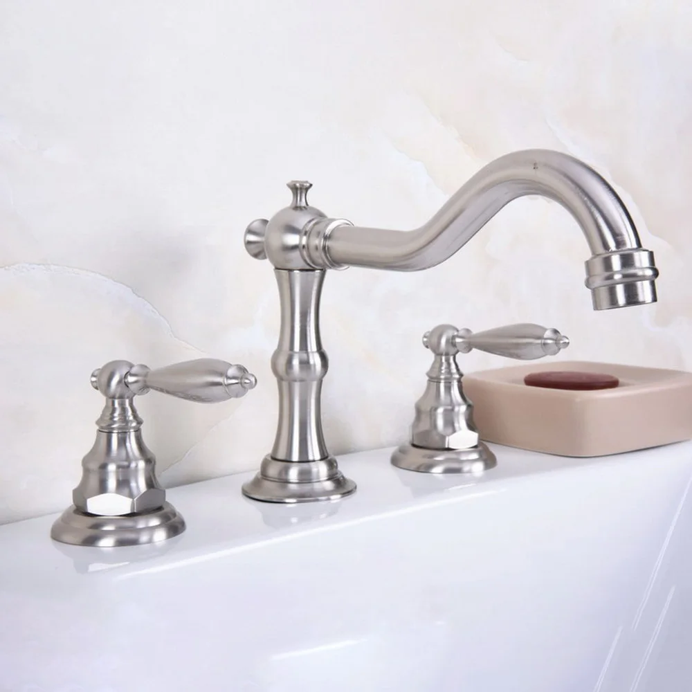 

Brushed Nickel 2 Handle Widespread Three Holes 3 Piece Bathroom Faucet Deck Mount Vanity Mixer Sink Tap tbn013