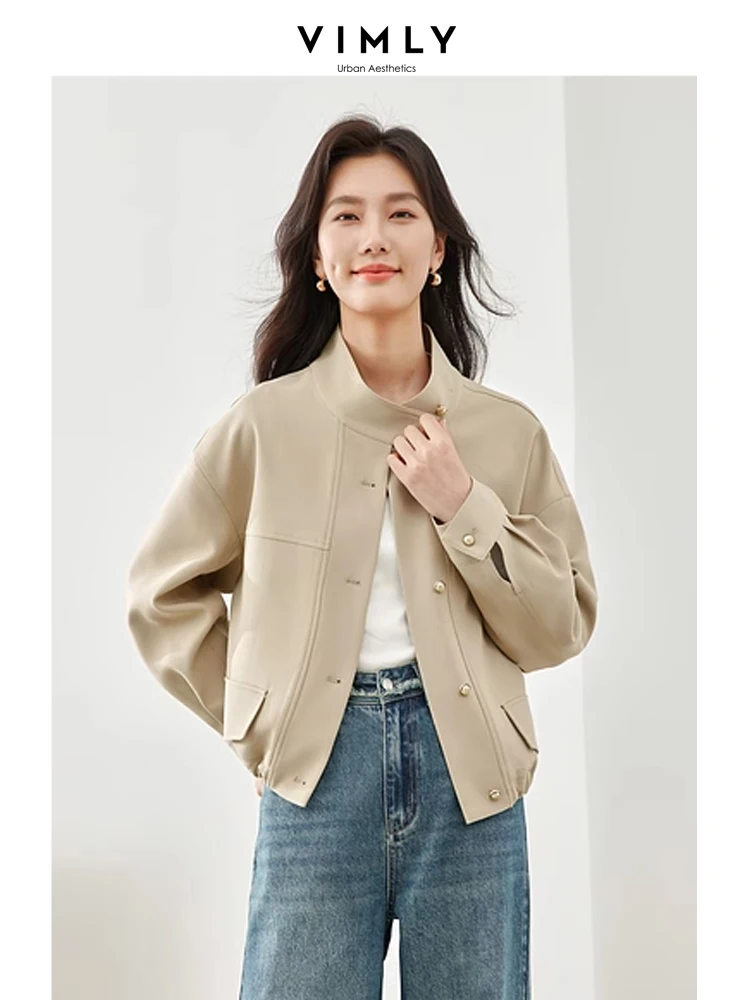 Vimly Khaki England Style Cropped Jacket Stand Collar Single Breasted Womens Coat 2024 Spring New Casual Female Overcoat M5891