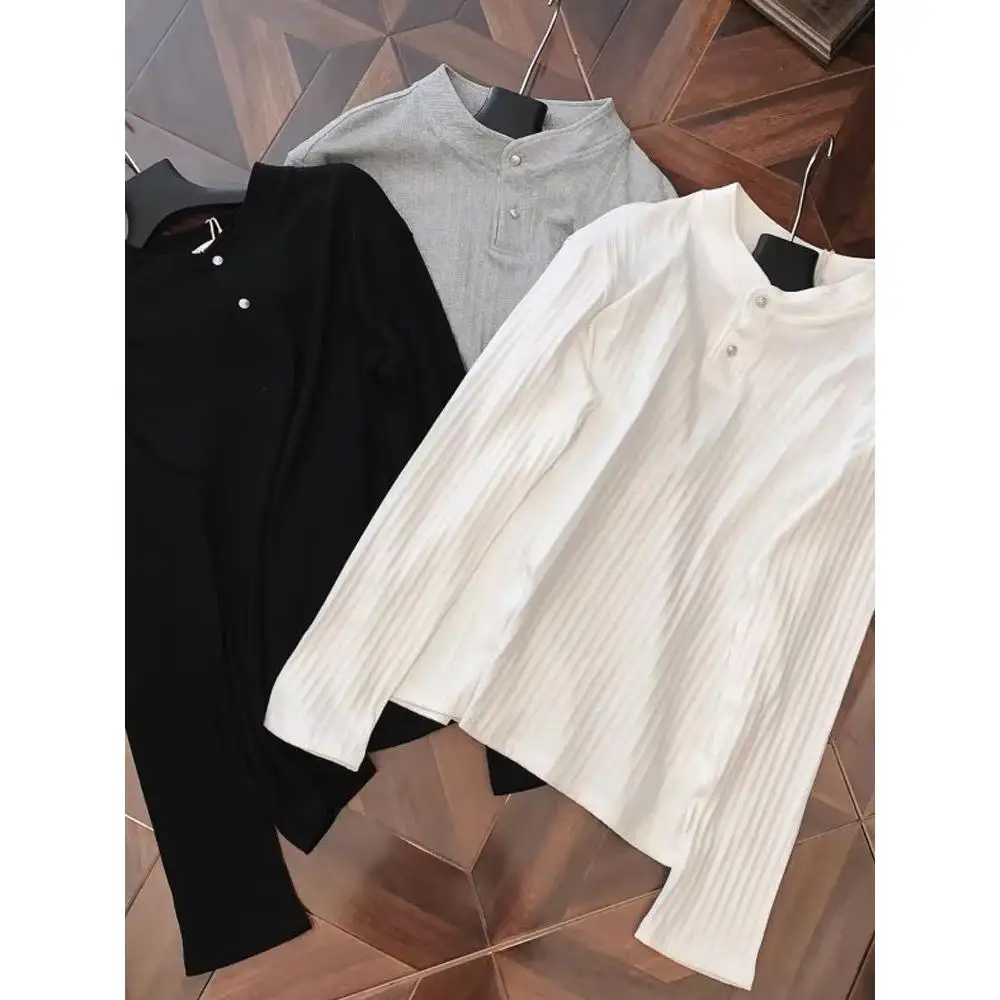 Gray Cleanfit Long Sleeve  Shirt Men's Style Autumn Casual Henry Collar T-Shirt High-End Feeling Breathable Polyester