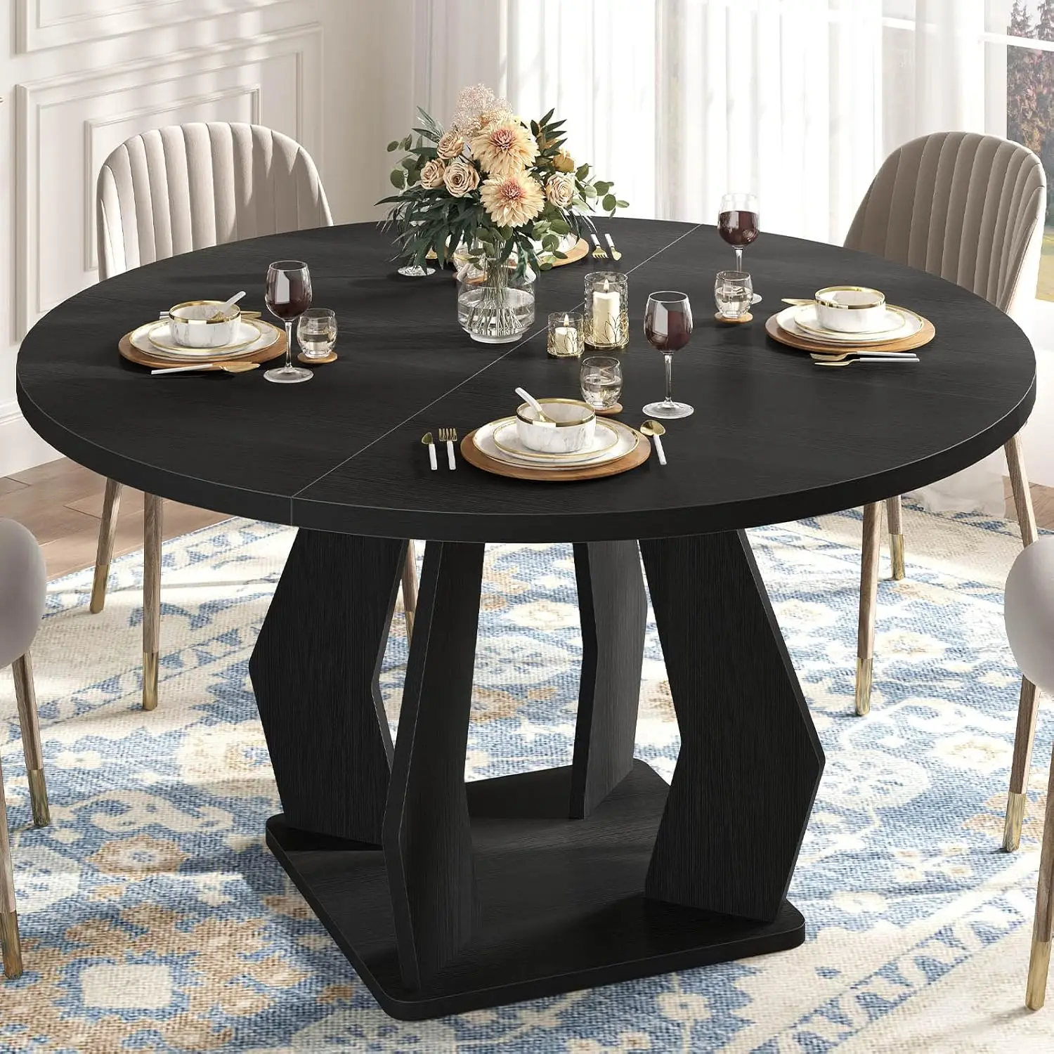 

Black Round Dining Table 47" Pedestal Base Kitchen Dining Room Living Room Office Customized