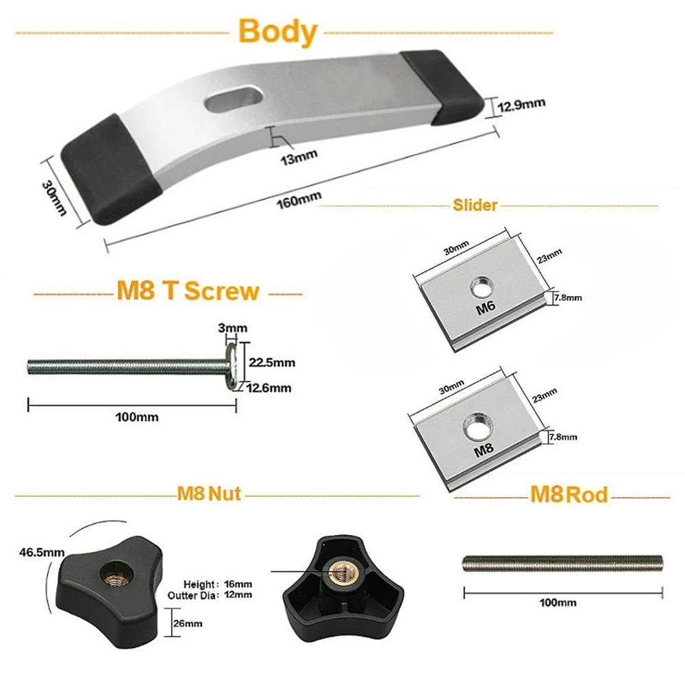 Woodworking T Track Slider M8 T Screw M8 Nut Saw Table Acting Hold Down Clamp for T-Slot T-Track Wood Work DIY Tools