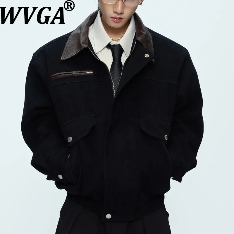 

WVGA Autumn Winter New Man Tide Color-Block Trendy Turn-Down Collar Jacket Niche Chic Casual Large Pocket Zipper Coat Ins W14406