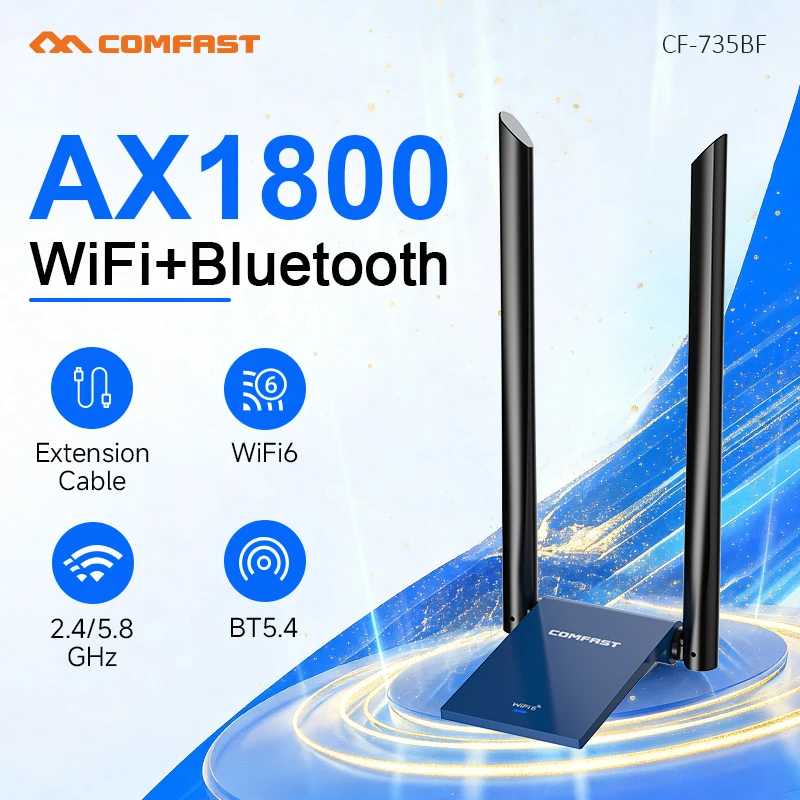 COMFAST 300/600/1800Mbps WiFi 6 WiFi USB Adapter Driver-free Wireless Network Card BT5.4 Bluetooth Adapter Simulated AP Mode