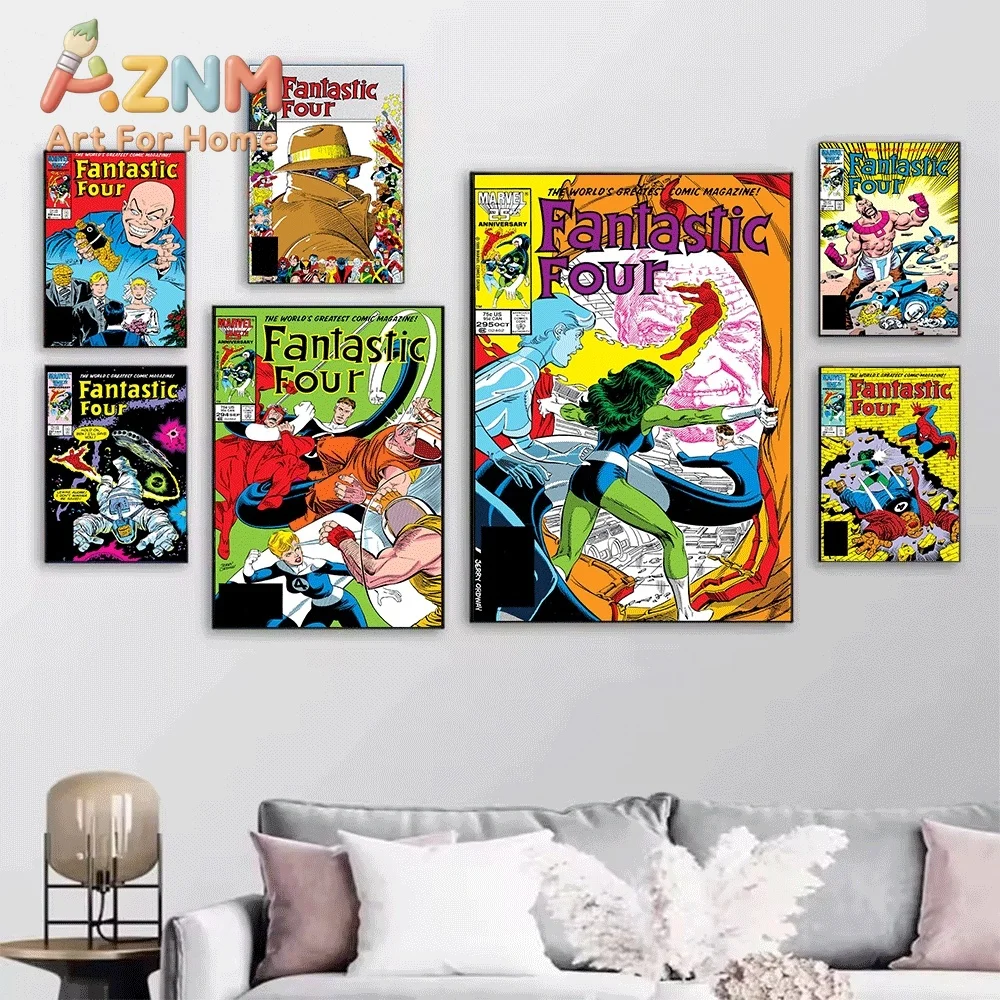 AZNM Fantastic Four Comic Canvas Wall Art No Frame Print Poster Marvel Superhero Comic Cover for Bedroom Living Room Home Deco