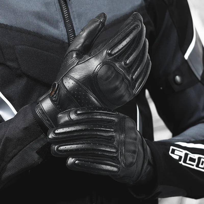 Classic Retro Leather Motorcycle Gloves Men Women Breathable Motocross Gloves EVA Shell Protection Motorbike Gloves Touchscreen
