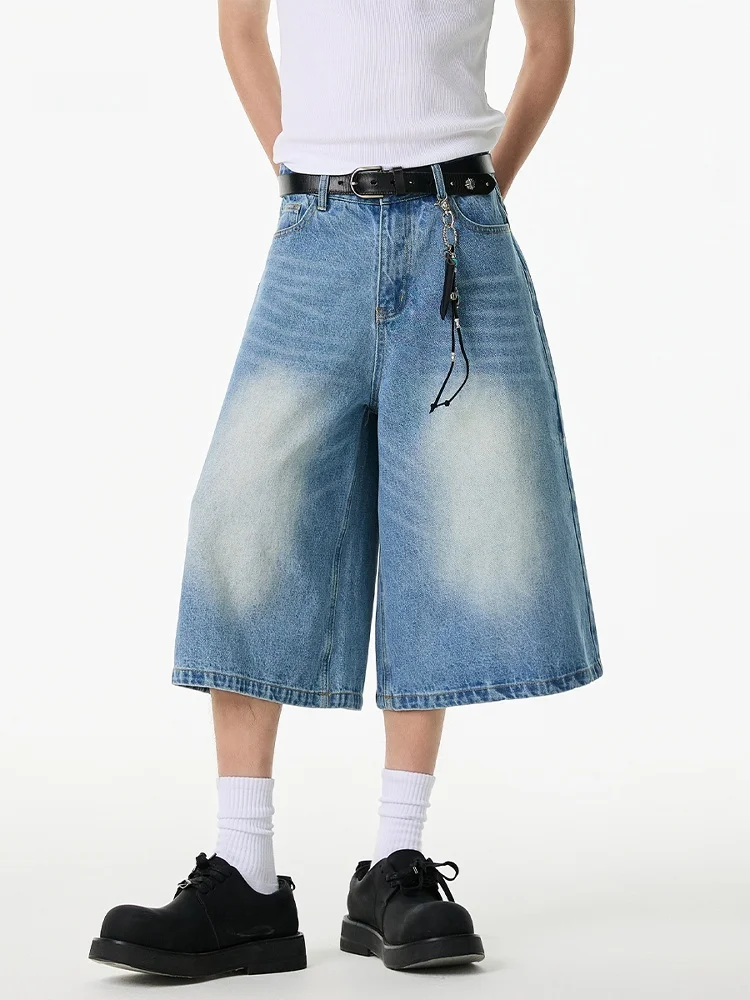 

Wmnm American Retro A-Line Lightning Pattern Jeans Men's Summer Baggy Wa adient Wide Leg Pants Mid-Length Straight Tube J...