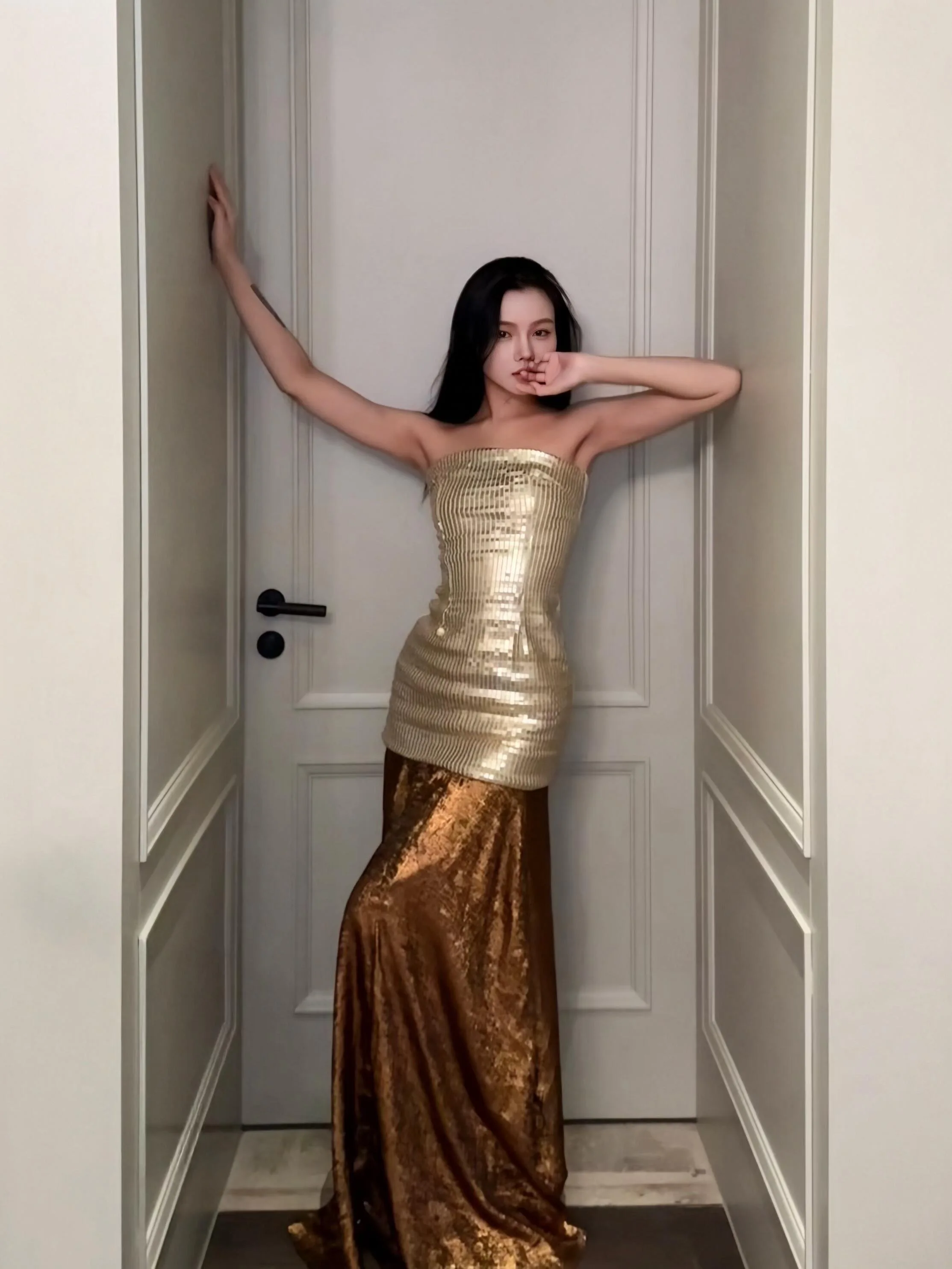 

Faionable Gold Sequin Tube Top Gown Blingbling Blo iny Evening Dr High Waist Zipper Sle Wedding Par Celebration