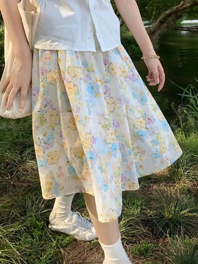 Women Skirts Floral Printed High Waist Vintage Sweet French Style Chic Temperament Elegant Skirt Ladies Casual Party
