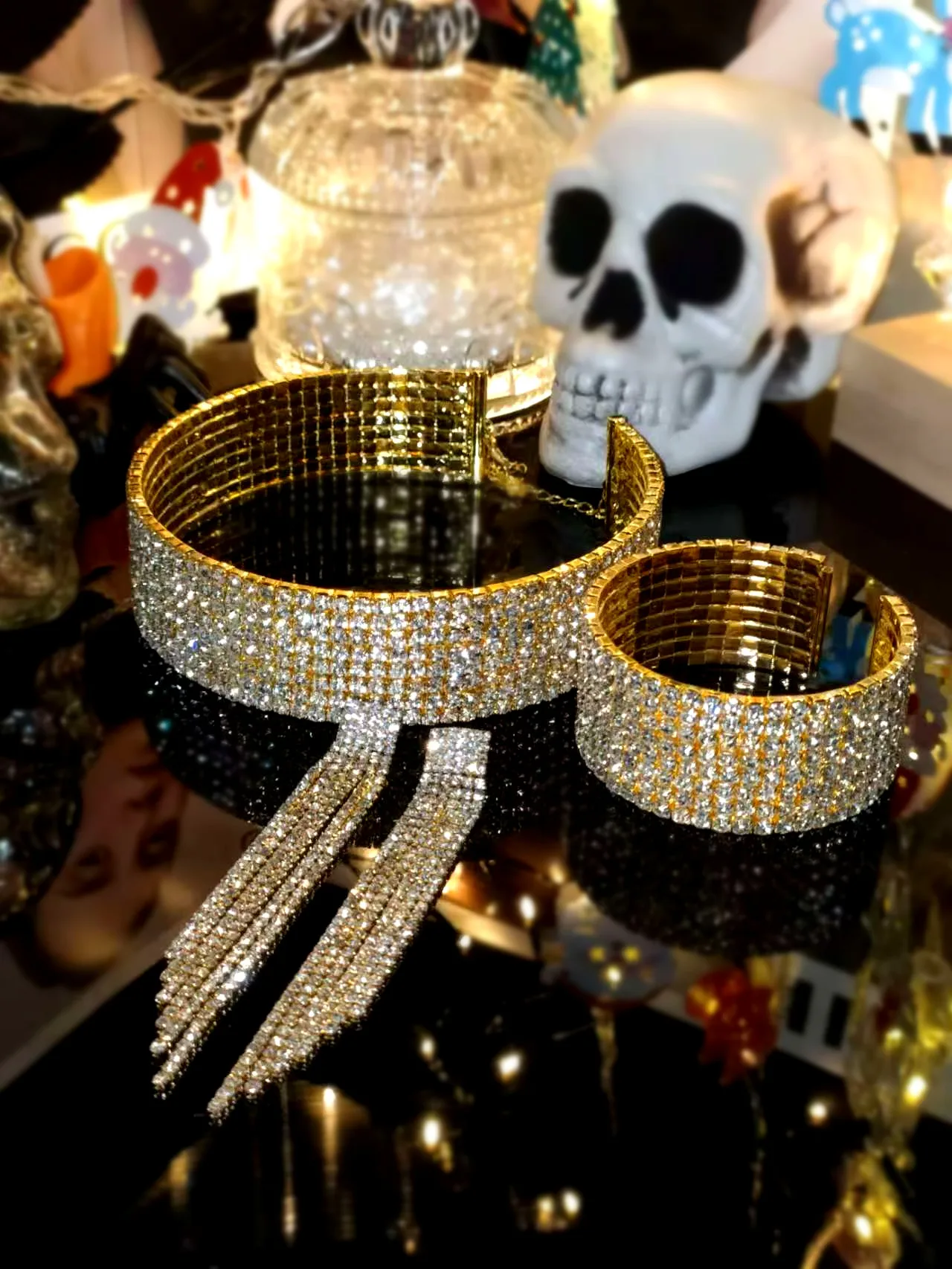 3 Pcs Women Rhinestone Jewelry Set Rhinestone Tassel Choker Necklace Fringe Bracelet Dangling Earring for Wedding Bridal Party