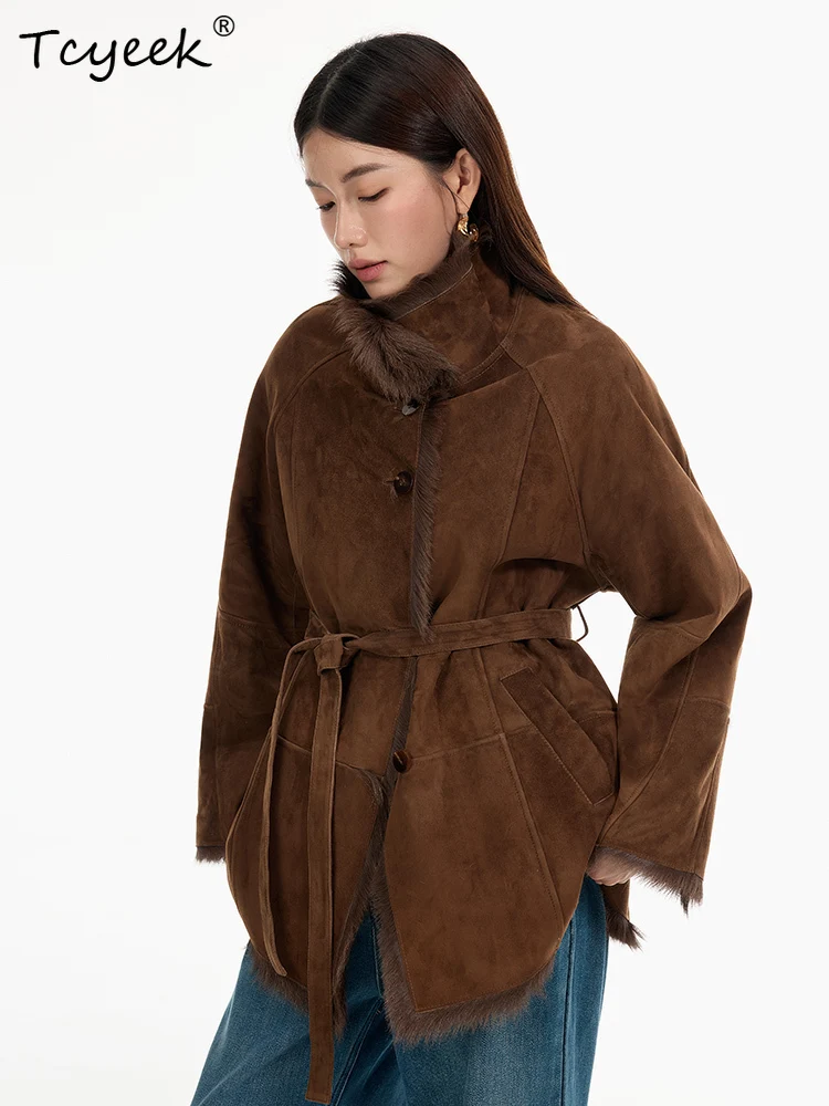 Tcyeek 本物のウール 秋冬 ハイエンド トレンド スタンドカラー 無地 ミディアム丈 レディース ウール シアリング ファーコート