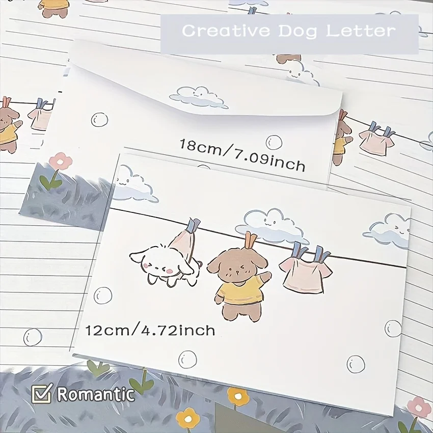 4 encantadores juegos de cachorros y letras florales con sobres: papelería creativa escrita a mano para estudiantes, vacaciones y cumpleaños.