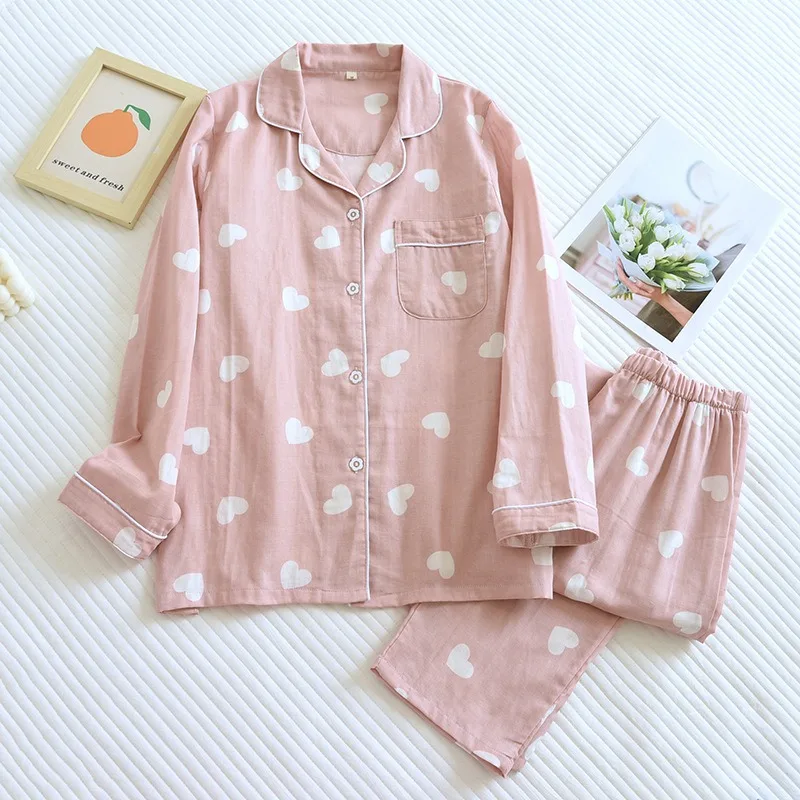 Summer Spring 100% Cotton Gauze Women Homewear Pajama Suit Casual Love Printed 2Pcs Turn Down Collar Nightwear Pijamas Mujer