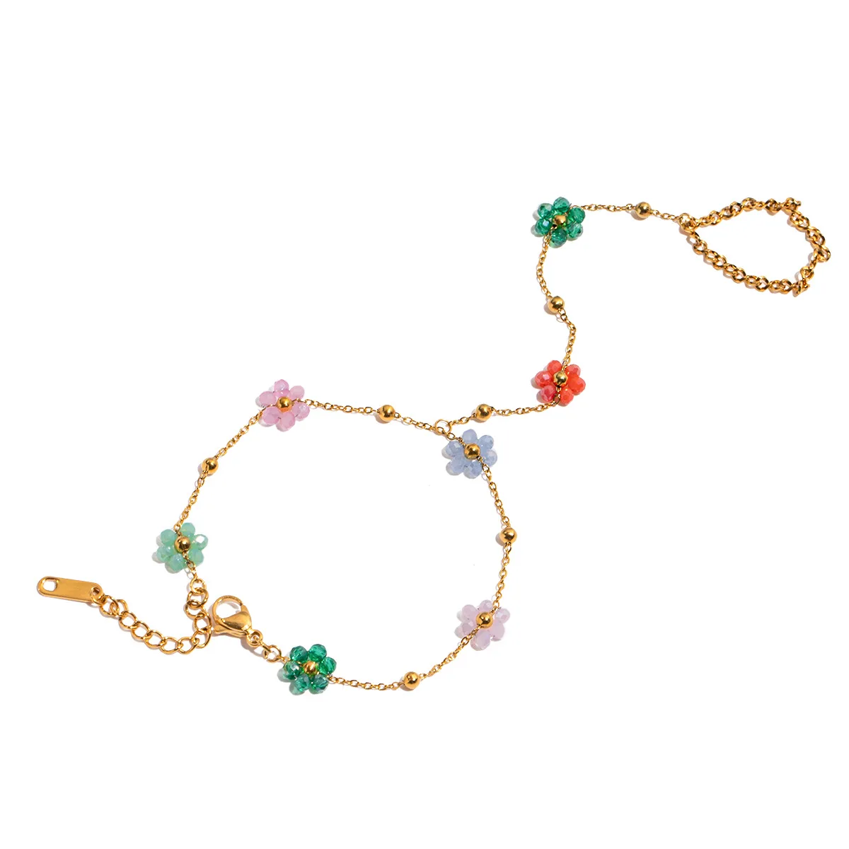 Edelstahl Mehrfarbiger Blumen-Charm Zirkon Handkette Fingerarmbänder für Frauen 18K Vergoldete Damen-Armreifen Geschenke