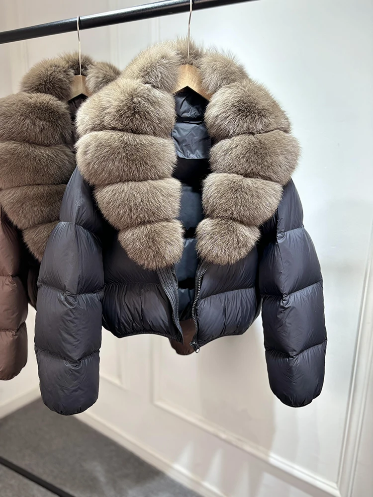 Janveny 2025 New Puffer Jacket Women With Large Natural Fox Fur Collar Short Fluffy Thick Parkas Female 90% White Duck Down Coat