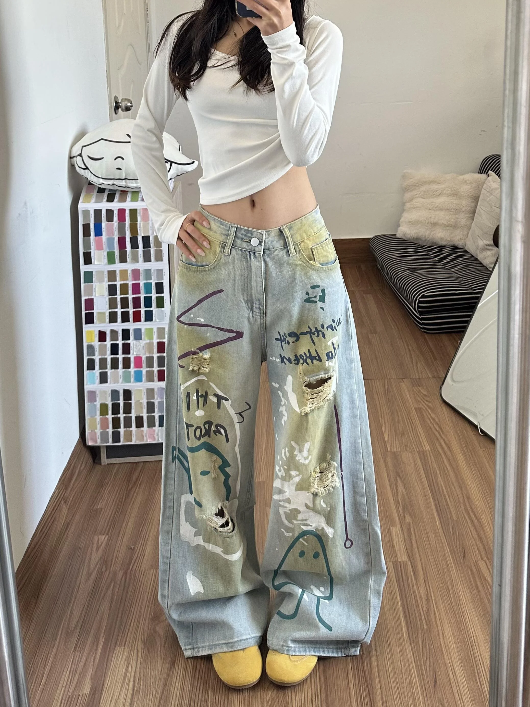Calças Jeans Largas com Estampa de Grafite Americano Retro para Homens e Mulheres, Calças de Perna Larga Soltas para Primaver...